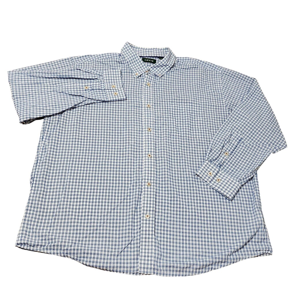 Orvis Shirt Mens 2XL Blue Check Cotton Button Down Long Sleeve Classic Casual